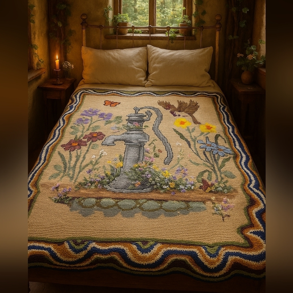 Huge Hand Knit Cross Stitch Blanket Butterfly Bird Flowers Afghan Quilt